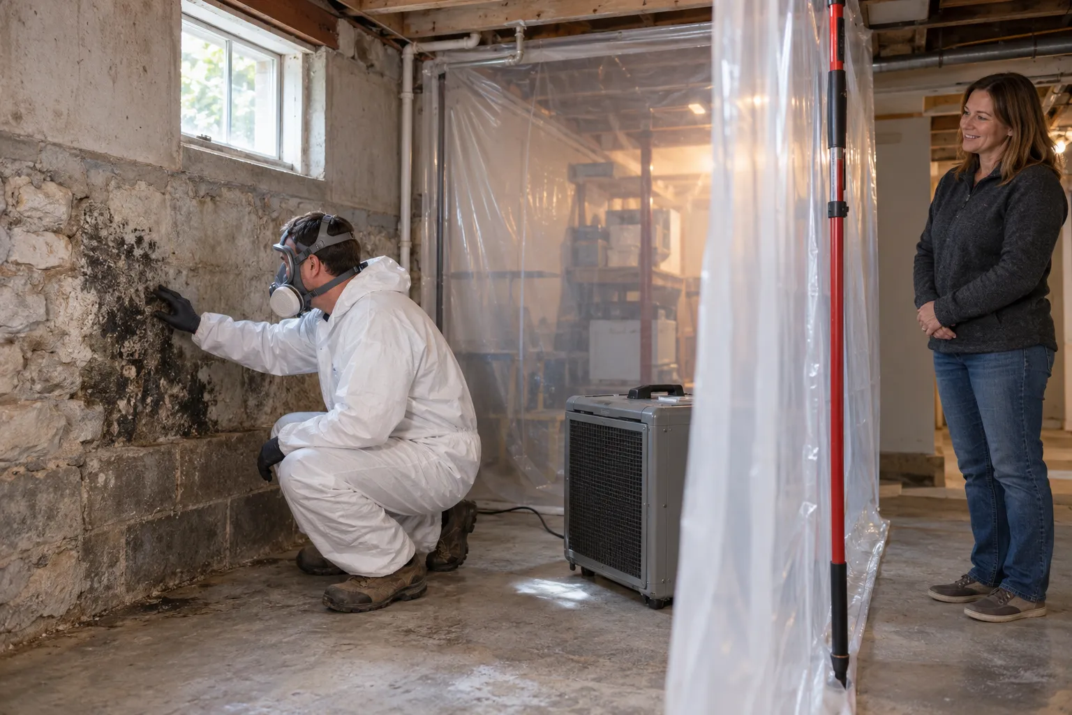 Technician removing dark mold from a bathroom ceiling