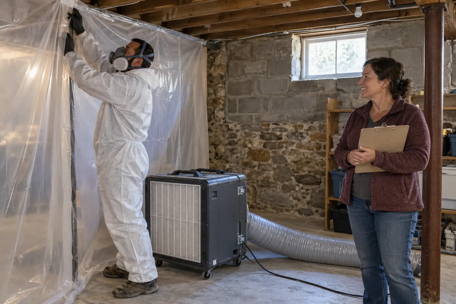 Mold remediation work area sealed with plastic sheeting